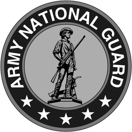 Seal of the Army National Guard featuring a soldier holding a rifle, surrounded by five stars and the text "Army National Guard."